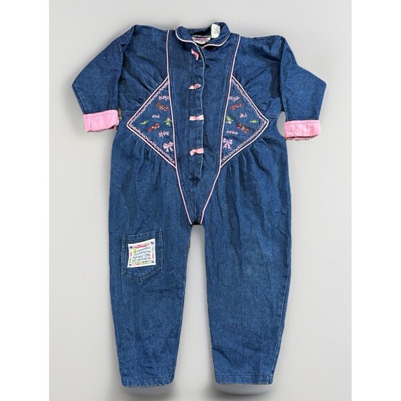 VTG 90s Girls Denim Romper 4T Sweet Kids Sugar & Spice Pink Embroidery Jumpsuit